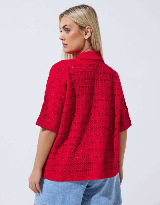 Yours Clothing Button through crochet shirt in red, 2 of 4