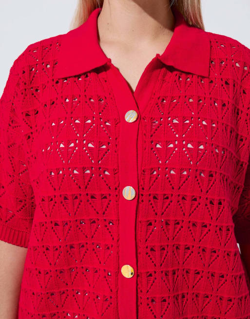 Yours Clothing Button through crochet shirt in red, 3 of 4