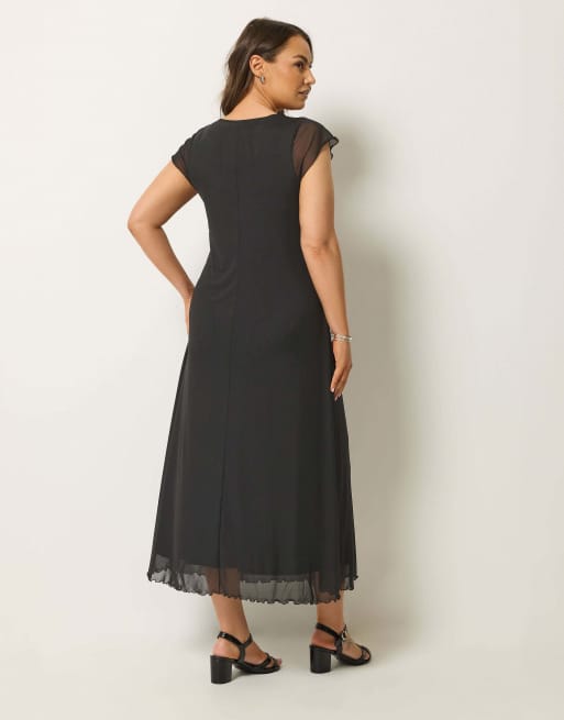 Yours Clothing Cap sleeve maxi dress in black, 3 of 4