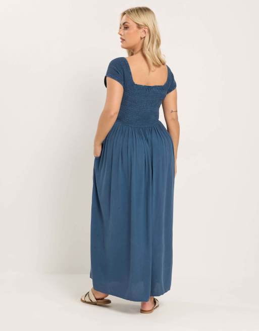 Yours Clothing Chambray bardot maxi dress in blue, 3 of 4