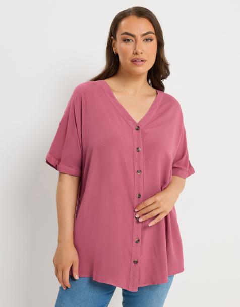 Yours Clothing Chambray button through blouse in pink - view 1