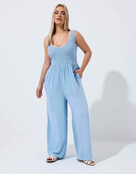 Yours Clothing Chambray shirred jumpsuit in blue - view 1