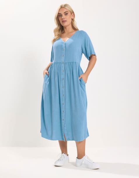 Yours Clothing Chambray tea dress in blue - view 1