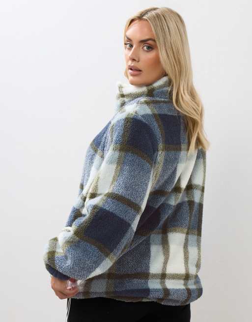 Yours Clothing Check fleece jacket in blue, 2 of 4