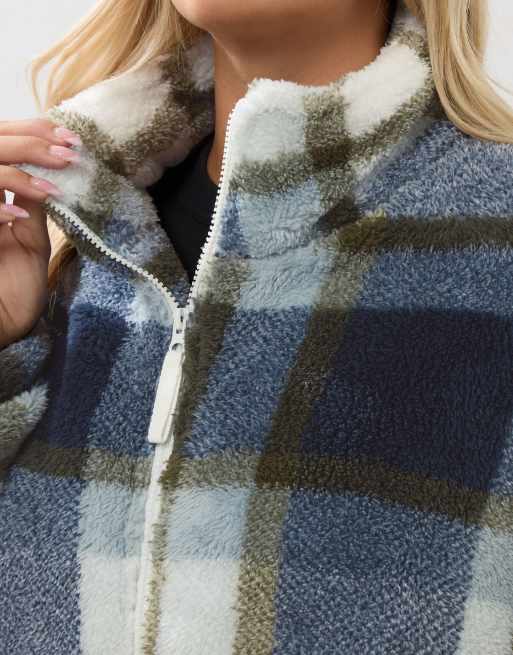 Yours Clothing Check fleece jacket in blue, 3 of 4