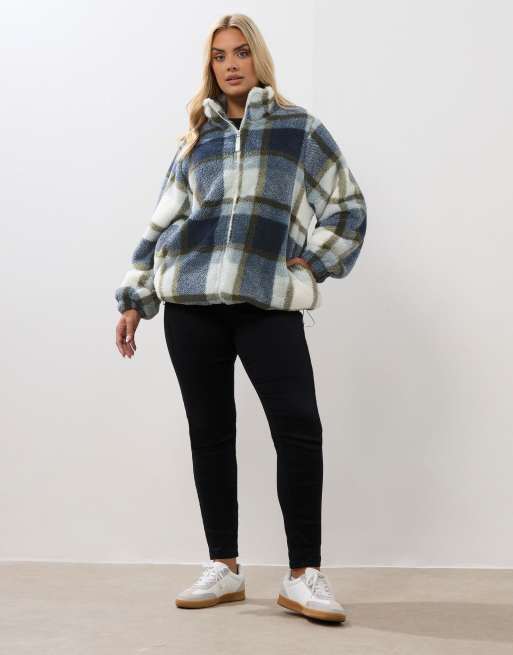 Yours Clothing Check fleece jacket in blue, 4 of 4