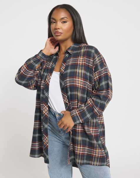 Yours Clothing Check oversized shirt in blue - view 1