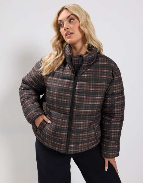 Yours Clothing Check padded coat in brown - view 1