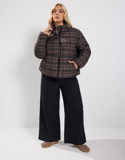 Yours Clothing Check padded coat in brown, 2 of 4