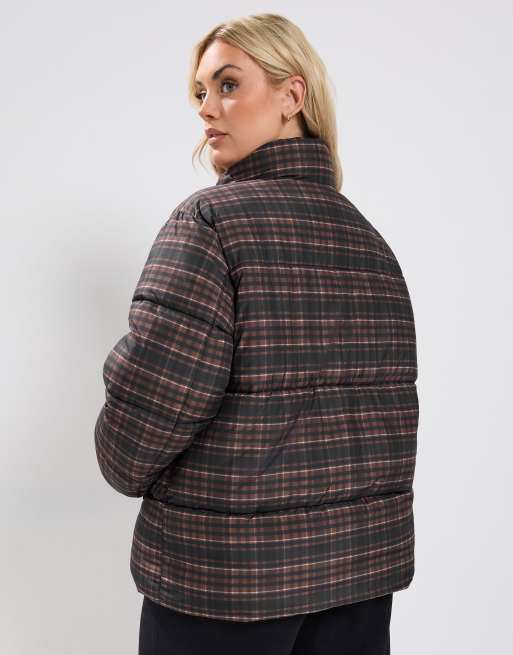 Yours Clothing Check padded coat in brown, 3 of 4