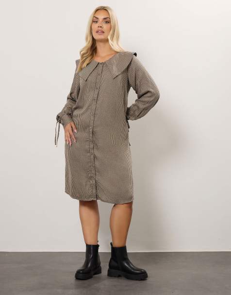 Yours Clothing Check textured smock dress in natural