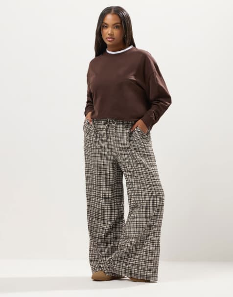 Yours Clothing Check wide leg trousers in natural