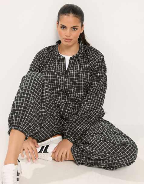 Yours Clothing Checked zip through track jacket in black - view 1