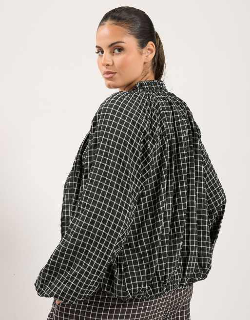 Yours Clothing Checked zip through track jacket in black, 3 of 4