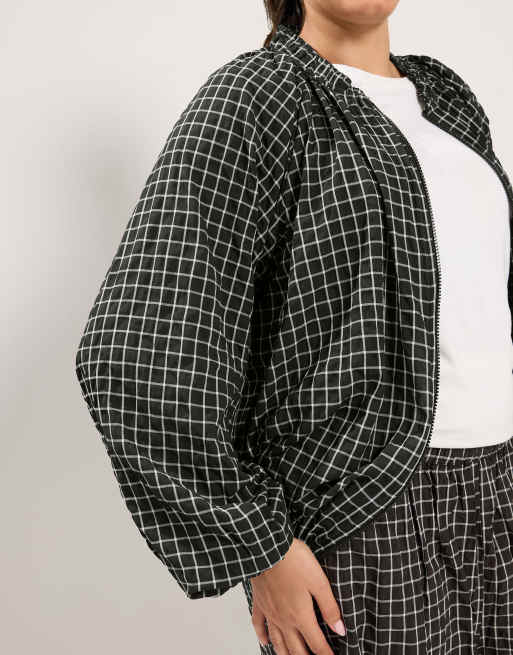 Yours Clothing Checked zip through track jacket in black, 4 of 4