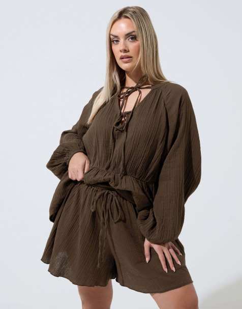 Yours Clothing Cheesecloth shorts in brown - view 1