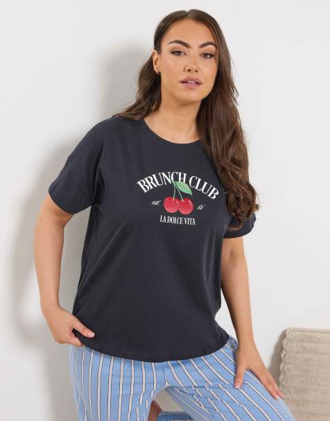 Yours Clothing Cherry graphic sleep tee top in blue - view 1