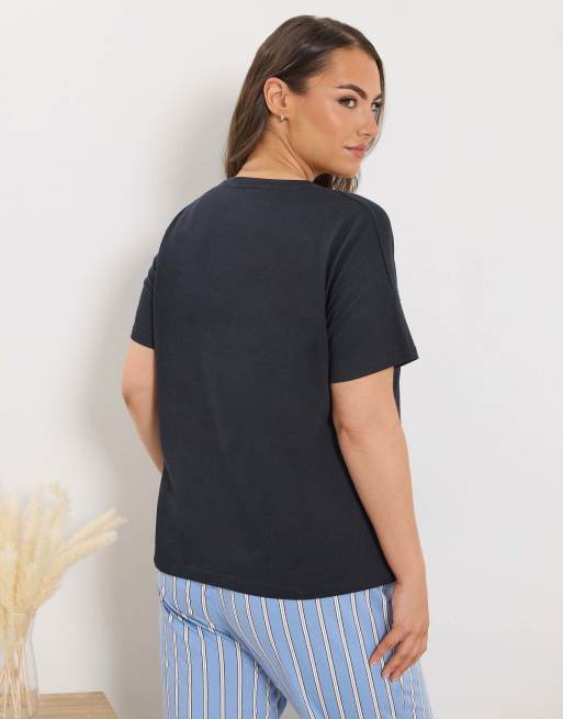 Yours Clothing Cherry graphic sleep tee top in blue, 3 of 4