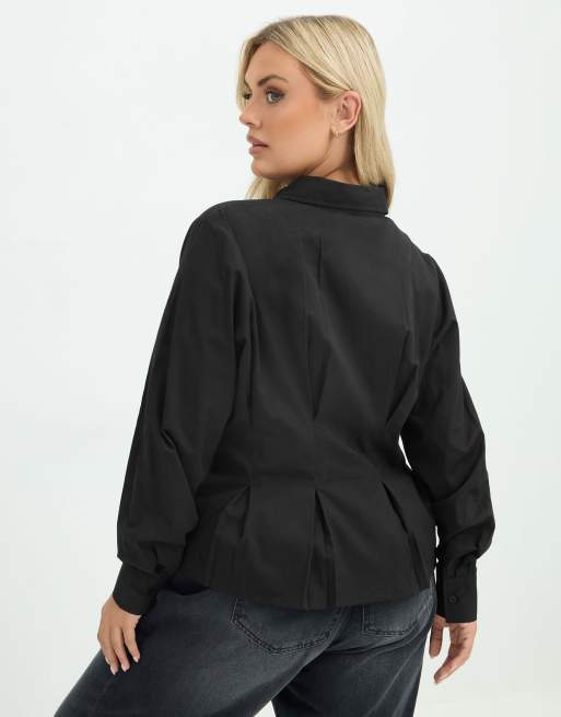 Yours Clothing Cinched seam detail shirt in black, 3 of 4
