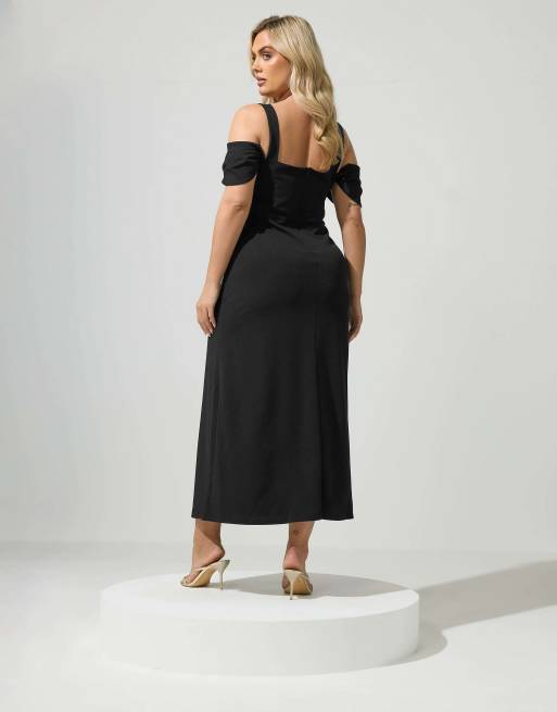 Yours Clothing Cold shoulder maxi dress in black, 3 of 4