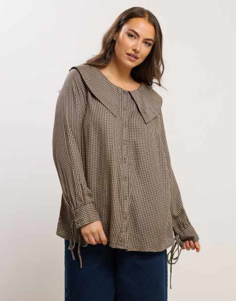 Yours Clothing Collared check shirt in natural - view 1