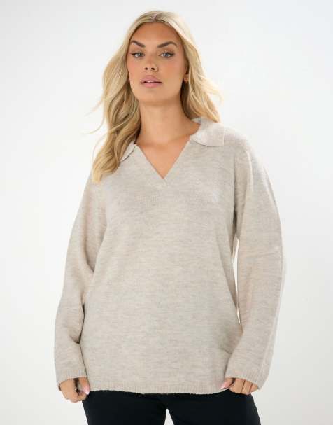 Yours Clothing Collared knitted jumper in natural