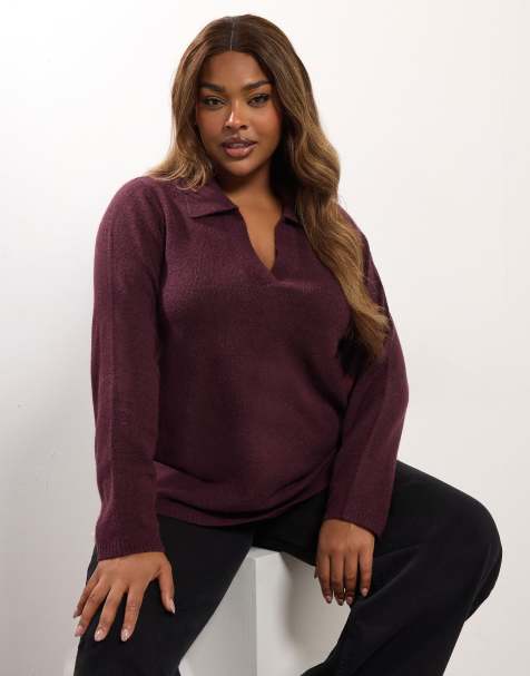 Yours Clothing Collared knitted jumper in purple - view 1
