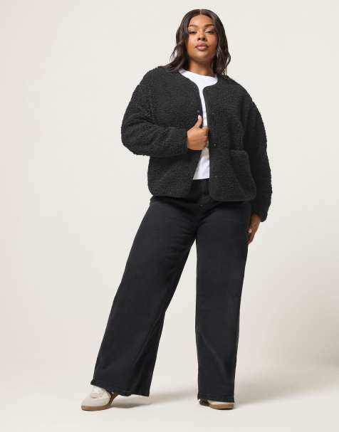 Yours Clothing Collarless fleece jacket in black - view 1