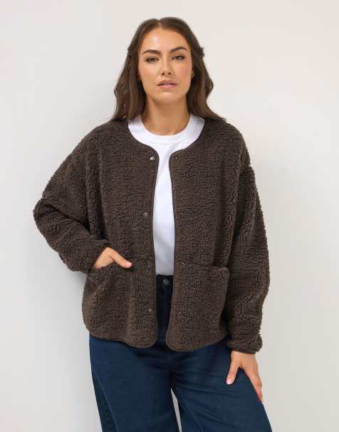 Yours Clothing Collarless fleece jacket in brown - view 1
