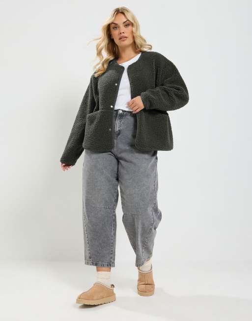 Yours Clothing Collarless fleece jacket in grey, 2 of 4
