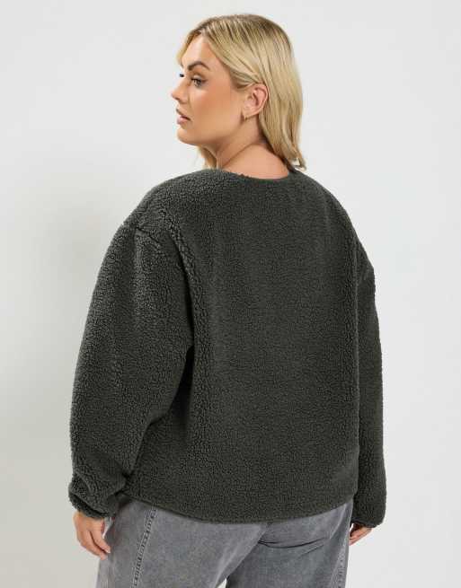 Yours Clothing Collarless fleece jacket in grey, 3 of 4