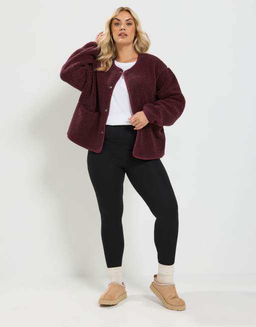 Yours Clothing Collarless fleece jacket in red, 3 of 4