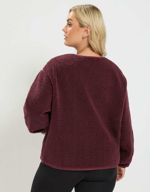 Yours Clothing Collarless fleece jacket in red, 4 of 4