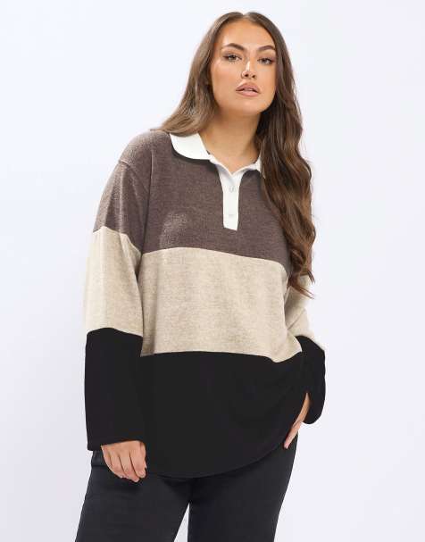 Yours Clothing Colourblock rugby collar top in natural