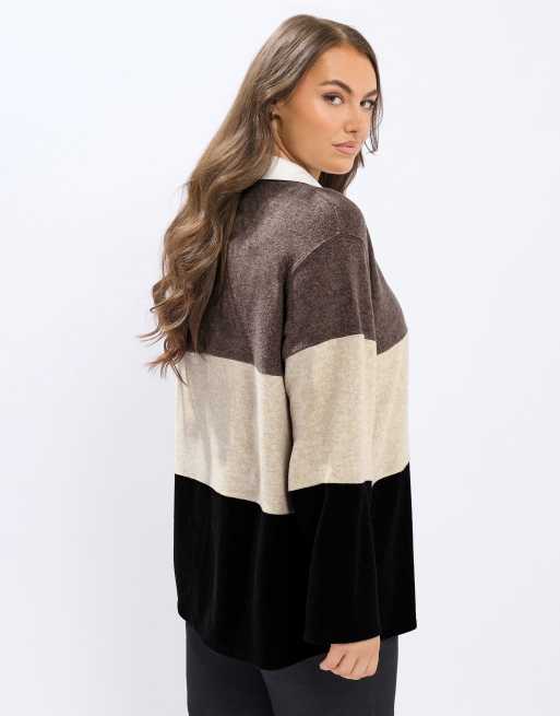 Yours Clothing Colourblock rugby collar top in natural, 2 of 4