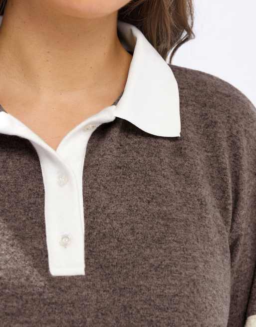 Yours Clothing Colourblock rugby collar top in natural, 3 of 4