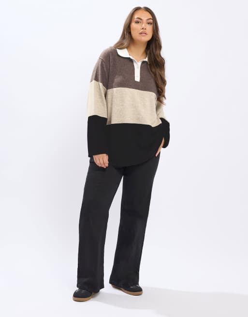 Yours Clothing Colourblock rugby collar top in natural, 4 of 4
