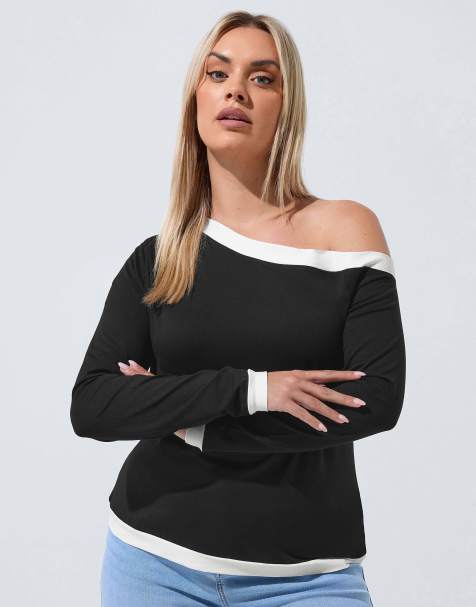 Yours Clothing Contrast off shoulder top in black