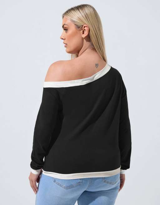 Yours Clothing Contrast off shoulder top in black, 3 of 4