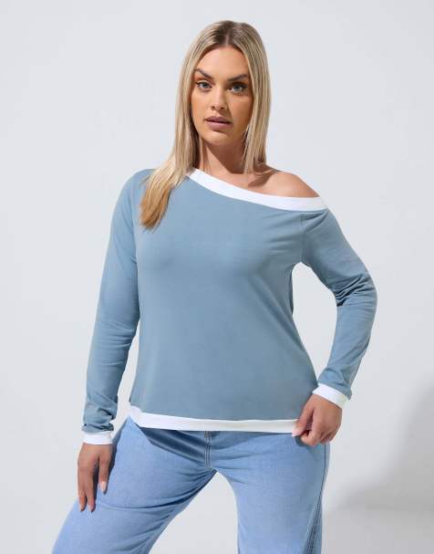 Yours Clothing Contrast off shoulder top in blue