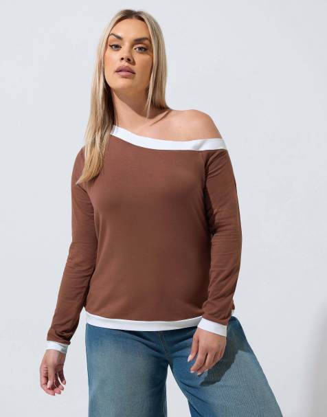 Yours Clothing Contrast off shoulder top in brown - view 1