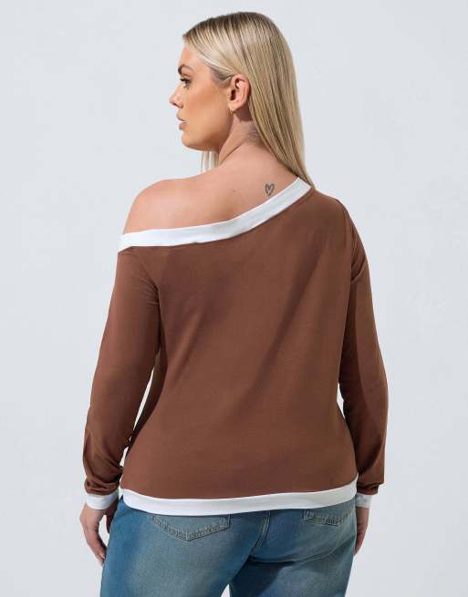 Yours Clothing Contrast off shoulder top in brown, 3 of 4