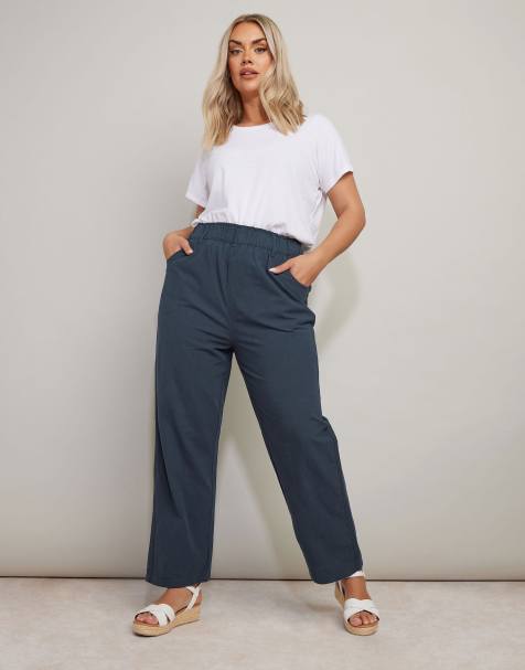 Yours Clothing Cool cotton wide leg trousers in blue - view 1