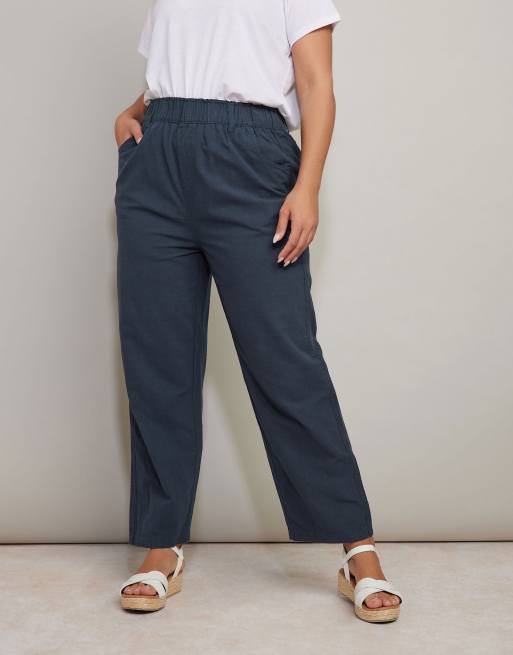 Yours Clothing Cool cotton wide leg trousers in blue, 3 of 4