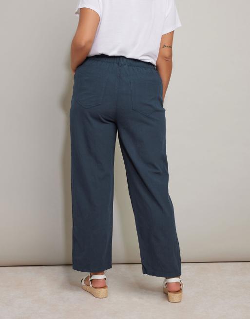 Yours Clothing Cool cotton wide leg trousers in blue, 4 of 4