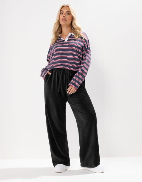 Yours Clothing Cord drawstring wide leg trousers in black