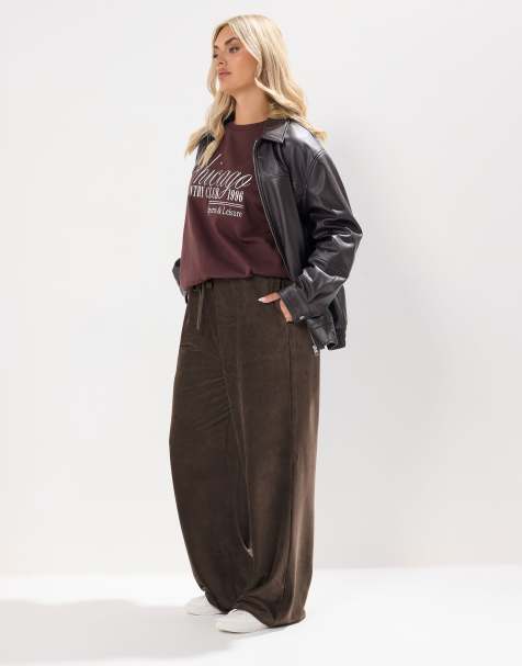 Yours Clothing Cord drawstring wide leg trousers in brown