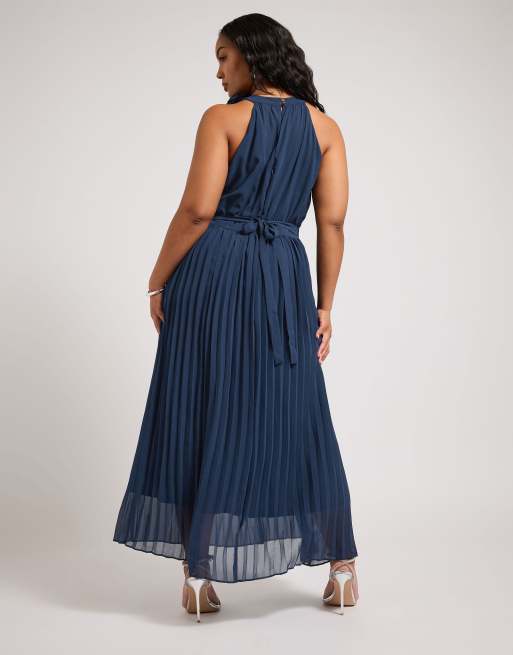 Yours Clothing Corsage pleated maxi dress in blue, 3 of 4