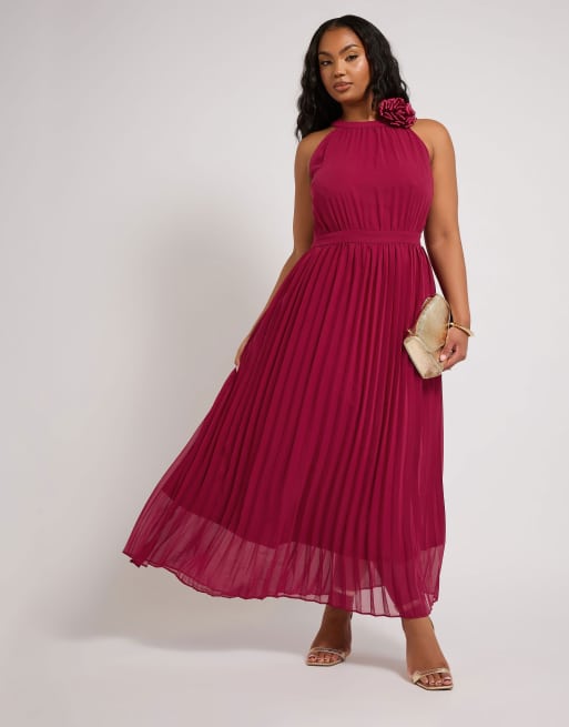 Yours Clothing Corsage pleated maxi dress in red, 4 of 4