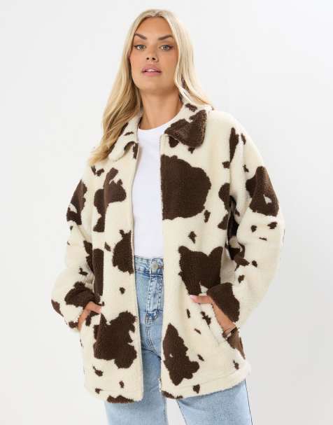 Yours Clothing Cow print teddy borg jacket in natural